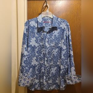 Robert Graham Shirt Mens XL Blue White Floral Stripe, Pre-owned